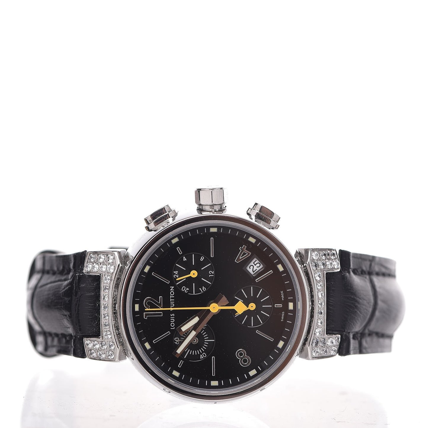 Stainless Steel Alligator Diamond 34mm Tambour Chronograph Quartz Watch Black