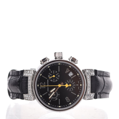 Louis Vuitton Stainless Steel Alligator Diamond 34mm Tambour Chronograph Quartz Watch Black 3 of 13