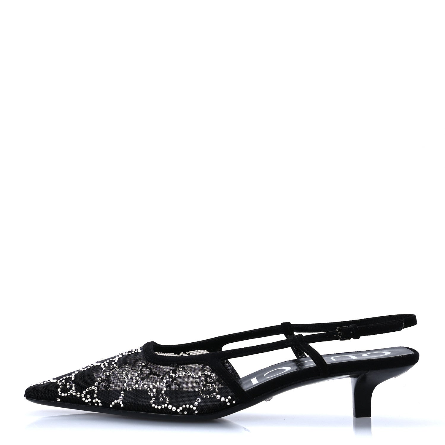 Gucci Tela Retino Kid Scamosciato Crystal GG Monogram Square G 35mm Slingback Pumps 38.5 Black 1 of 8