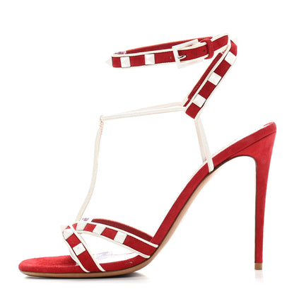 Valentino Garavani Suede Free Rockstud Ankle T-Strap 105mm Sandals 38 Rosso Valentino White 1 of 8