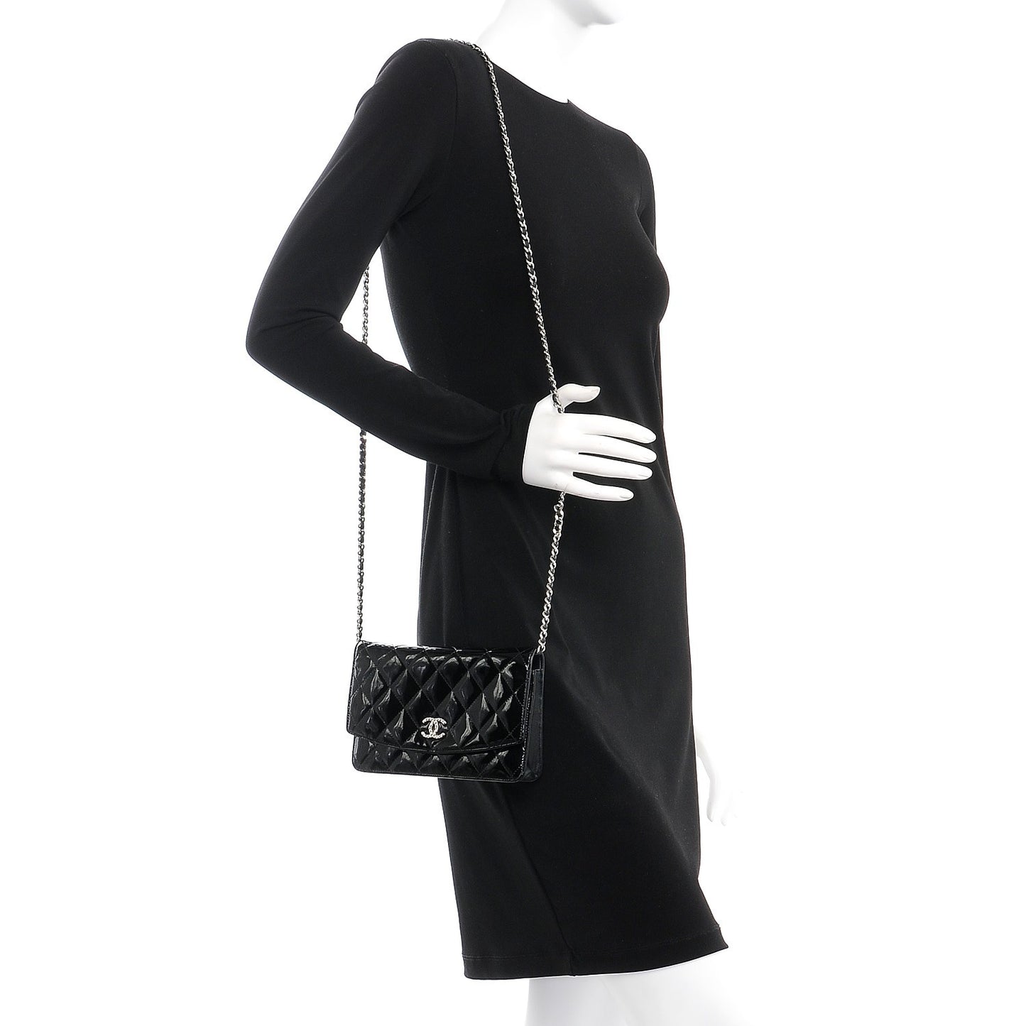 Patent Quilted Brilliant Wallet On Chain WOC Black