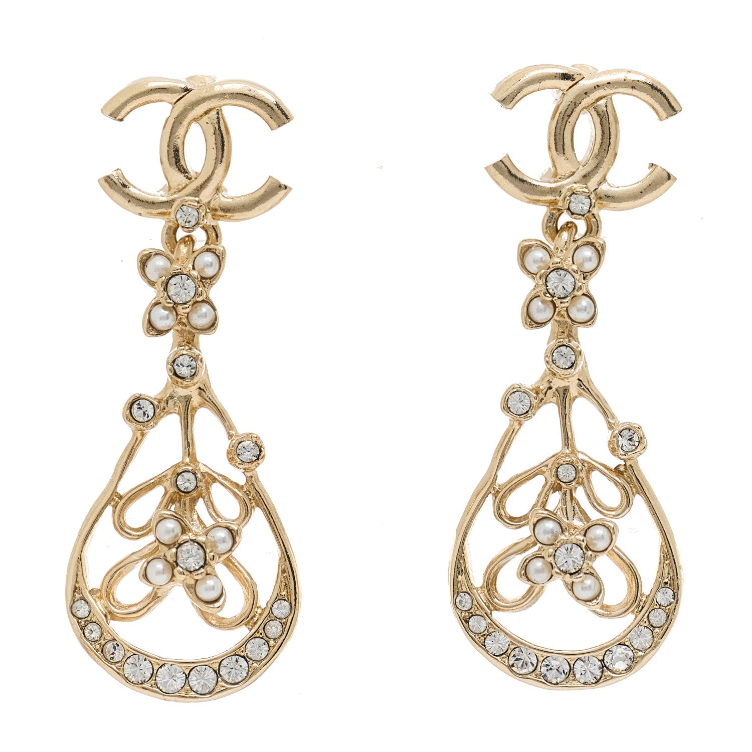 Chanel Pearl Crystal CC Flower Drop Earrings Gold 1 of 5