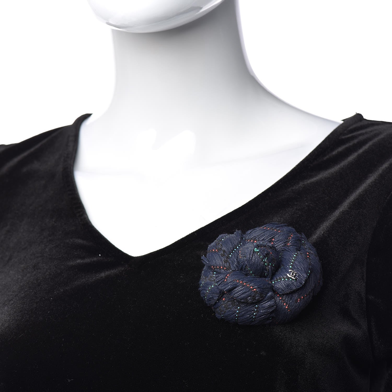 Chanel Tweed Camellia Brooch Navy Blue 2 of 5