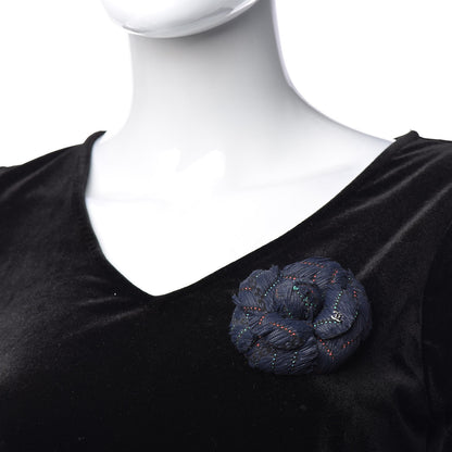 Chanel Tweed Camellia Brooch Navy Blue 2 of 5