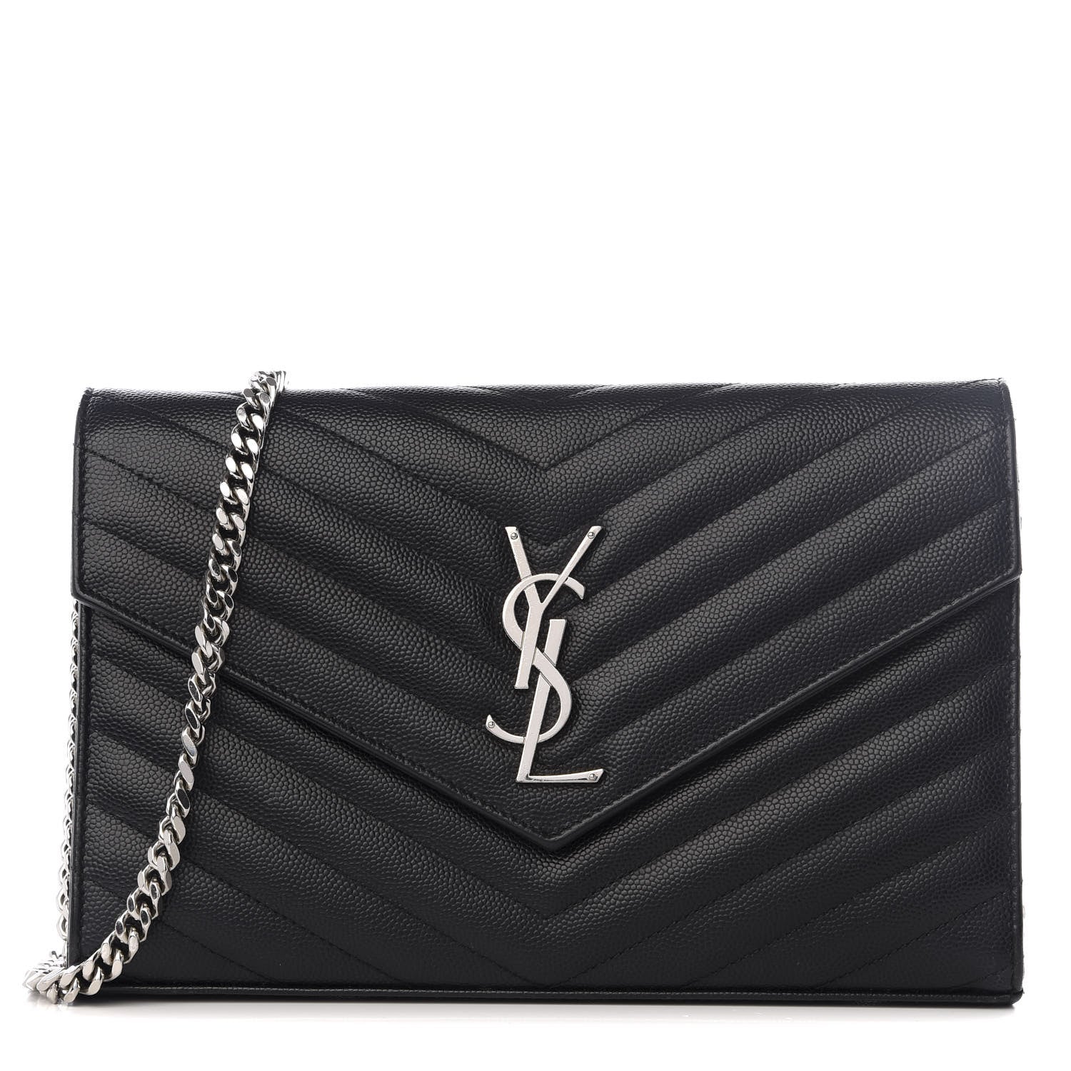 Saint Laurent Grain De Poudre Matelasse Chevron Monogram Chain Wallet Black 1 of 8