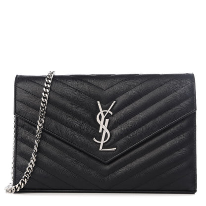 Saint Laurent Grain De Poudre Matelasse Chevron Monogram Chain Wallet Black 1 of 8