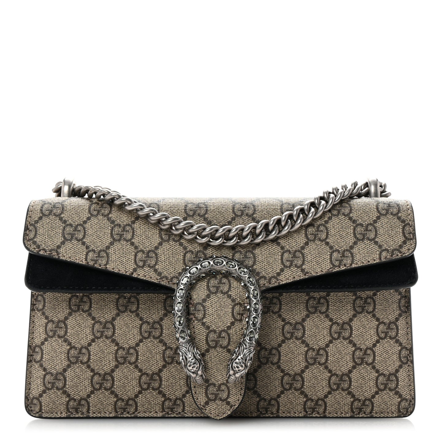 GG Supreme Monogram Suede Crystal Small Dionysus Shoulder Bag Beige Ebony Black