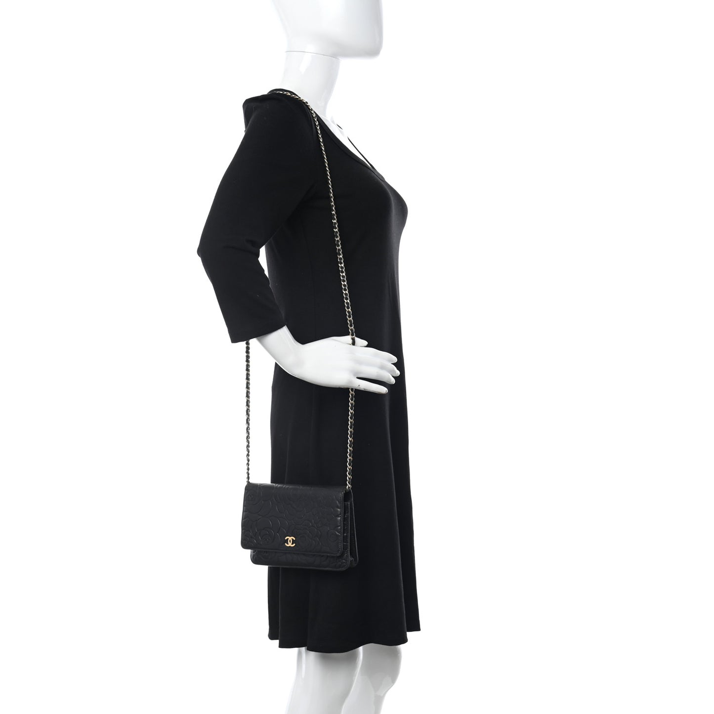 Lambskin Camellia Embossed Wallet On Chain WOC Black