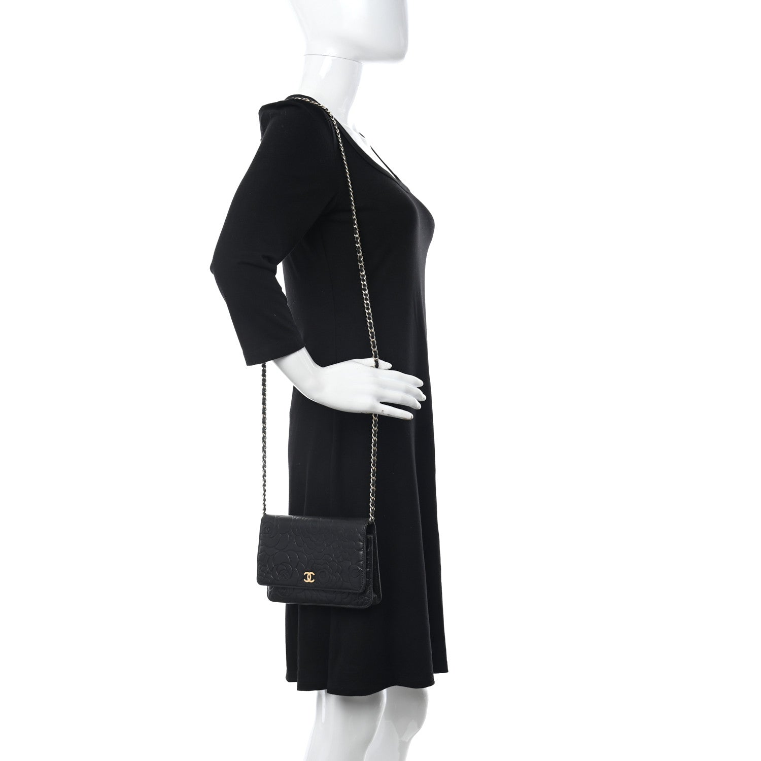 Chanel Lambskin Camellia Embossed Wallet On Chain WOC Black 2 of 11