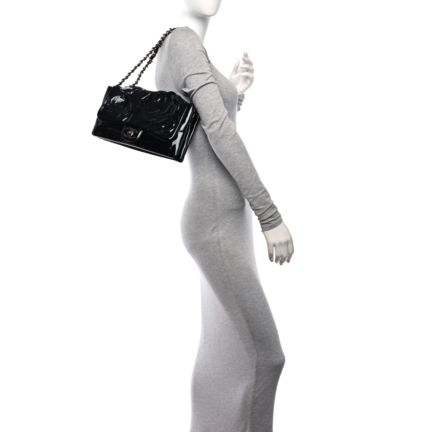 Chanel Patent Tweed Camellia Petals Large Flap Black 2 of 14