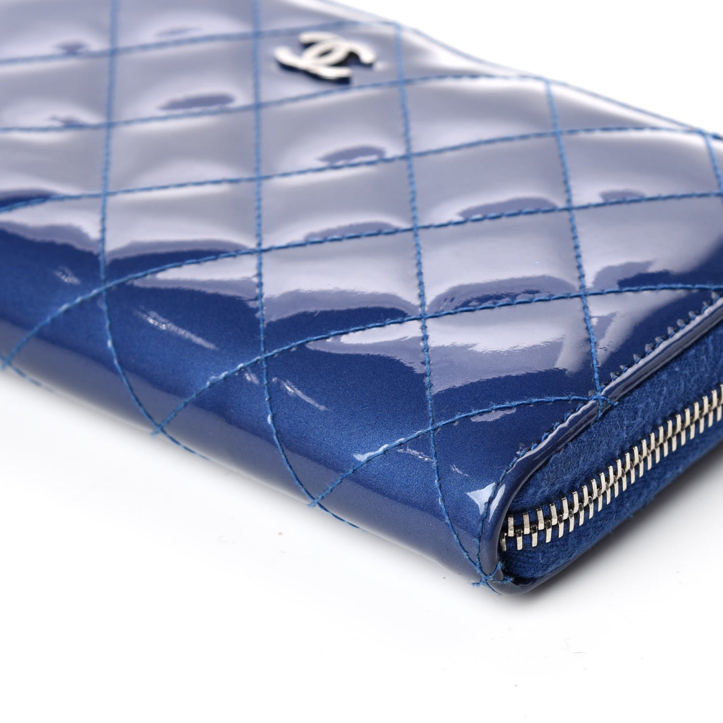 Patent Quilted Large Gusset Zip Around Wallet Blue