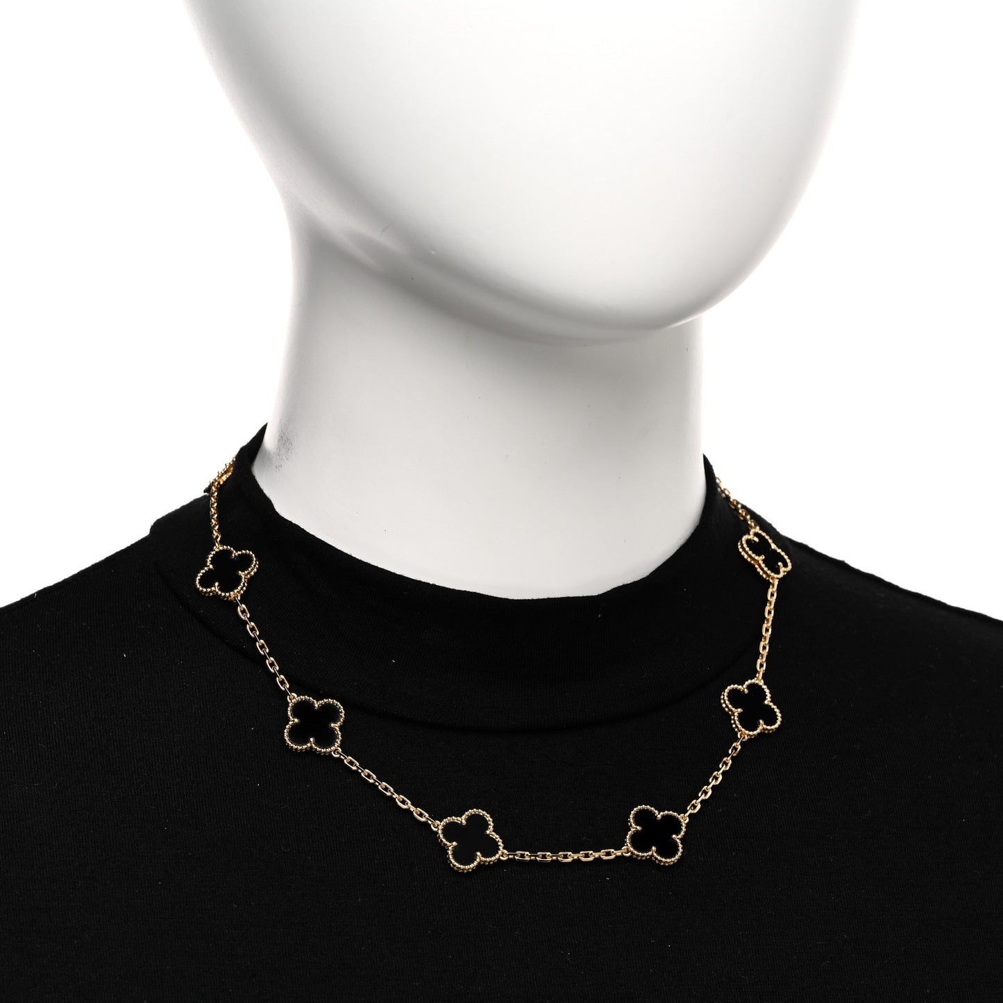 18K Yellow Gold Black Onyx 10 Motifs Vintage Alhambra Necklace