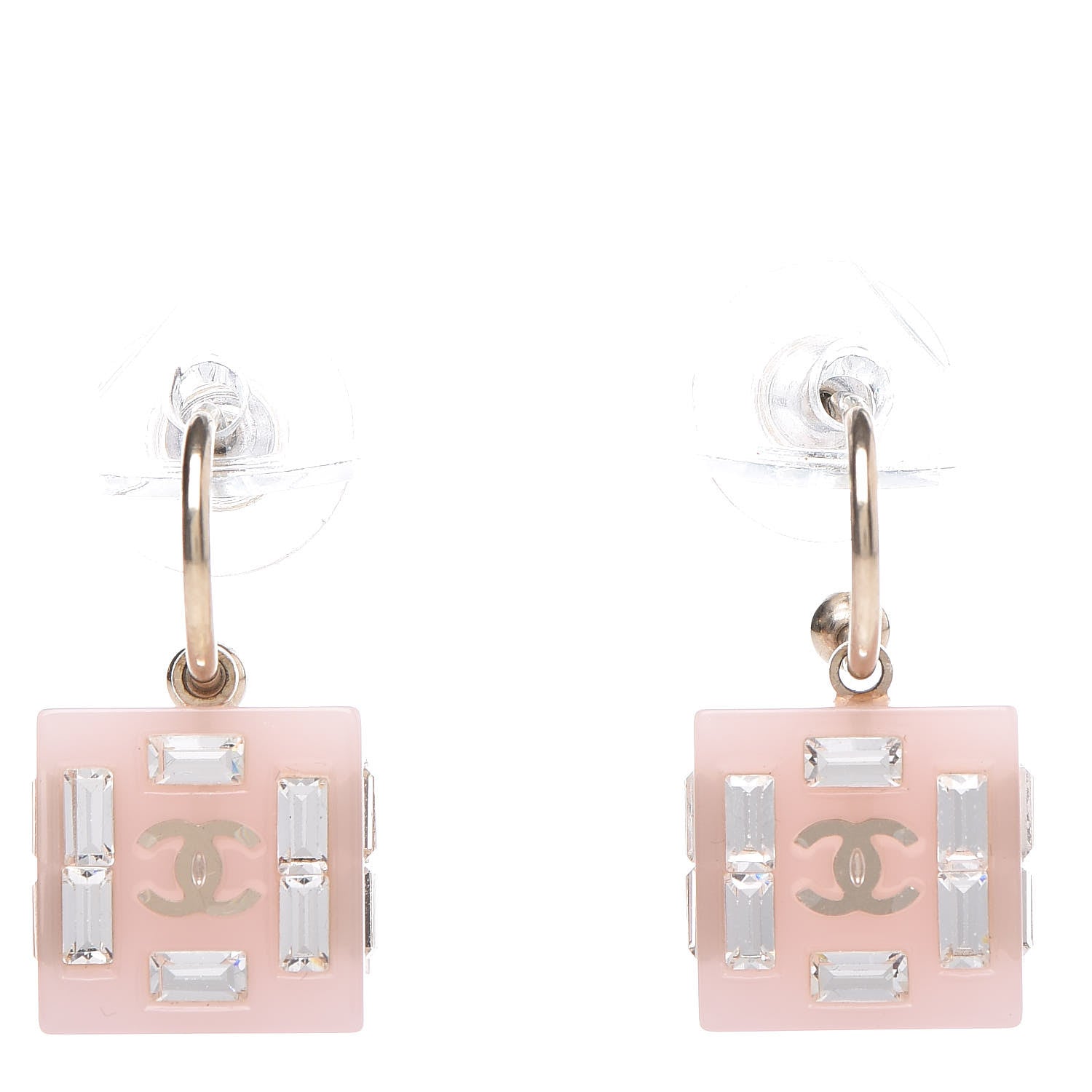 Chanel Resin Baguette Crystal Geometric Square CC Drop Earrings Pink 1 of 4