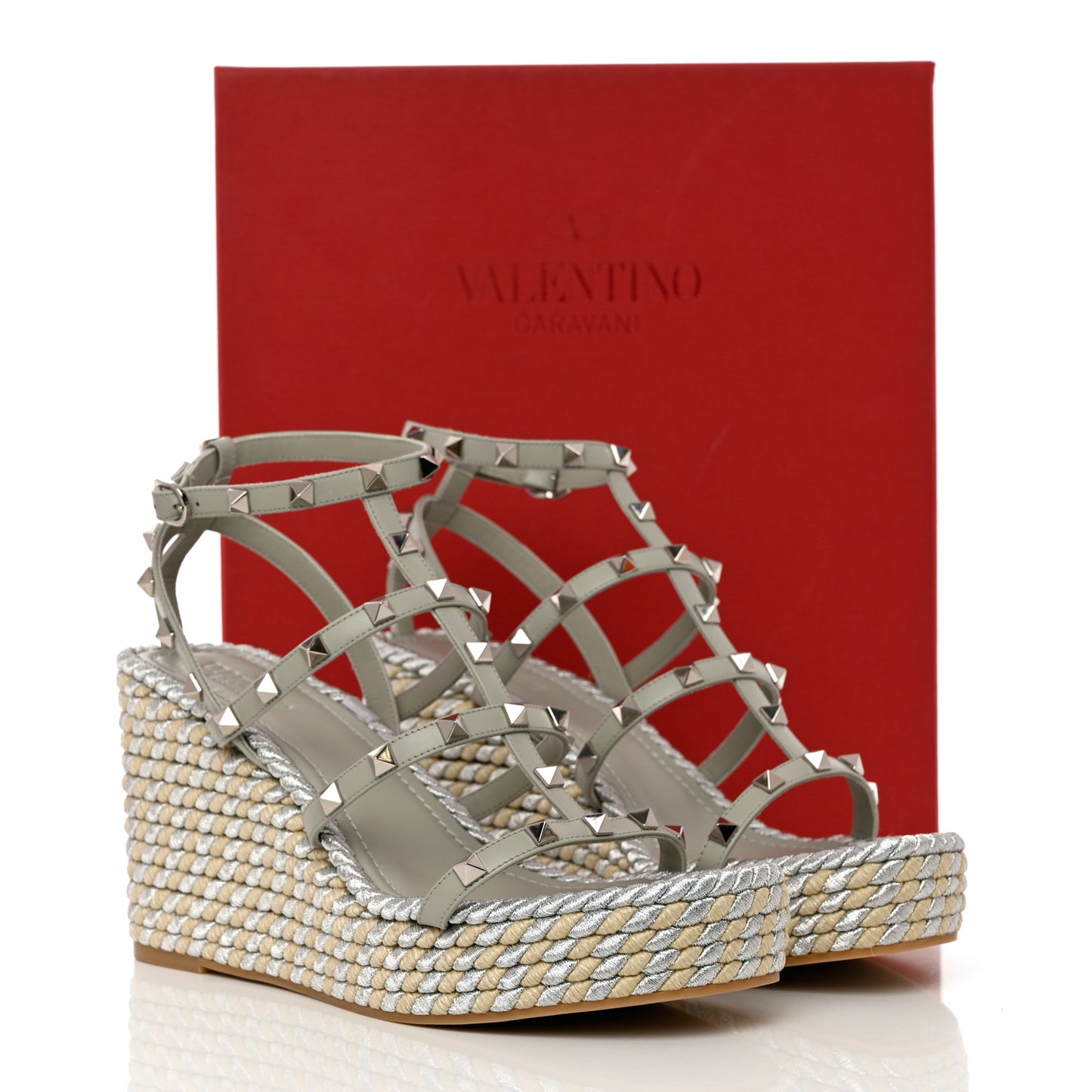 Calfskin Rockstud Ankle Strap Torchon Espadrille Caged 25/95mm Wedge Sandals 41 Opal Grey Argento Champagne