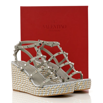 Valentino Garavani Calfskin Rockstud Ankle Strap Torchon Espadrille Caged 25/95mm Wedge Sandals 41 Opal Grey Argento Champagne 9 of 9