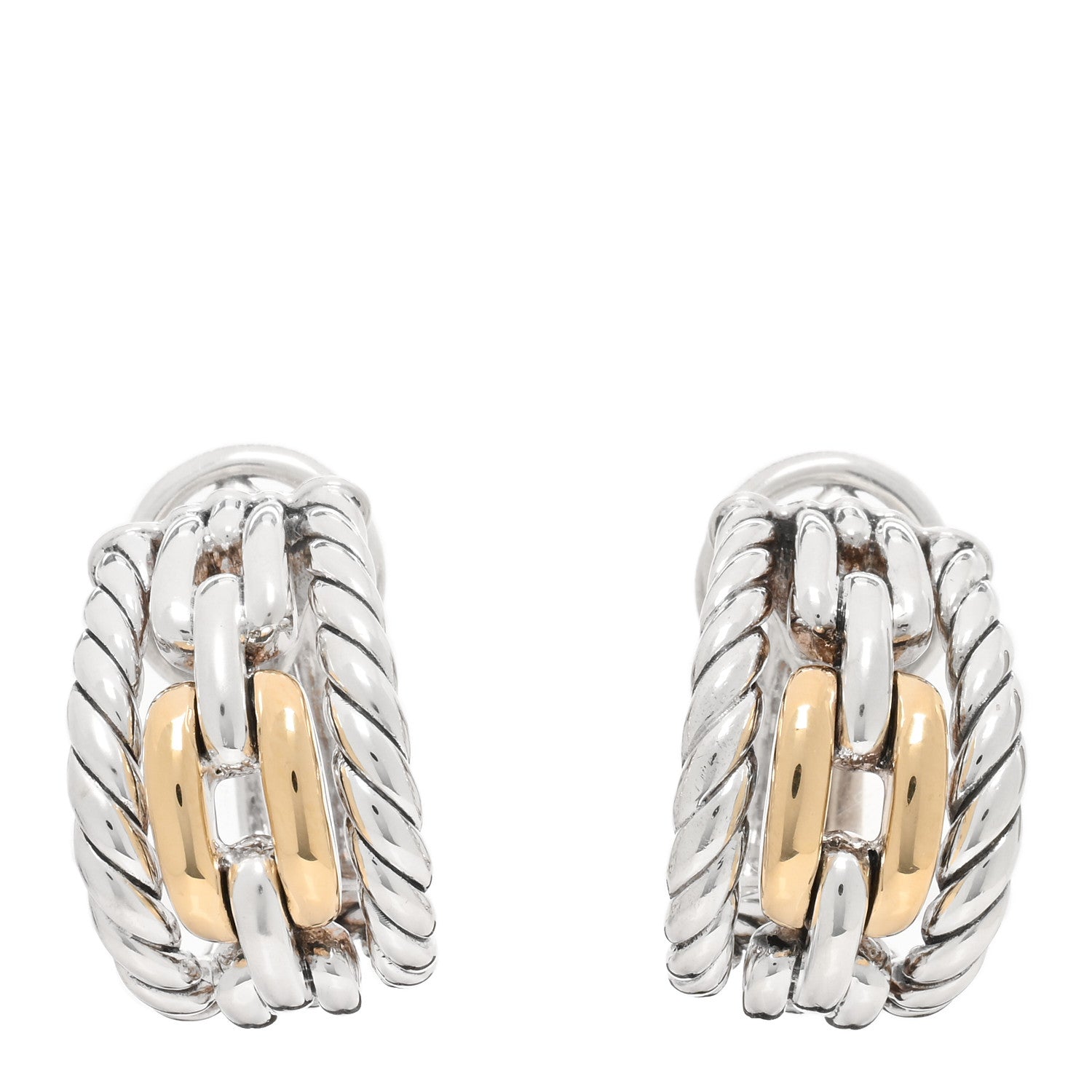 David Yurman 18K Yellow Gold Sterling Silver Wellesley Link Hoop Clip On Earrings 1 of 4