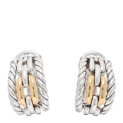 David Yurman 18K Yellow Gold Sterling Silver Wellesley Link Hoop Clip On Earrings 1 of 4