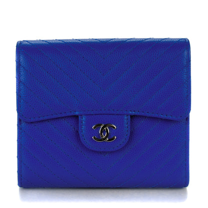 Chanel Caviar Chevron Quilted Compact Flap Wallet Bright Blue 1 of 8