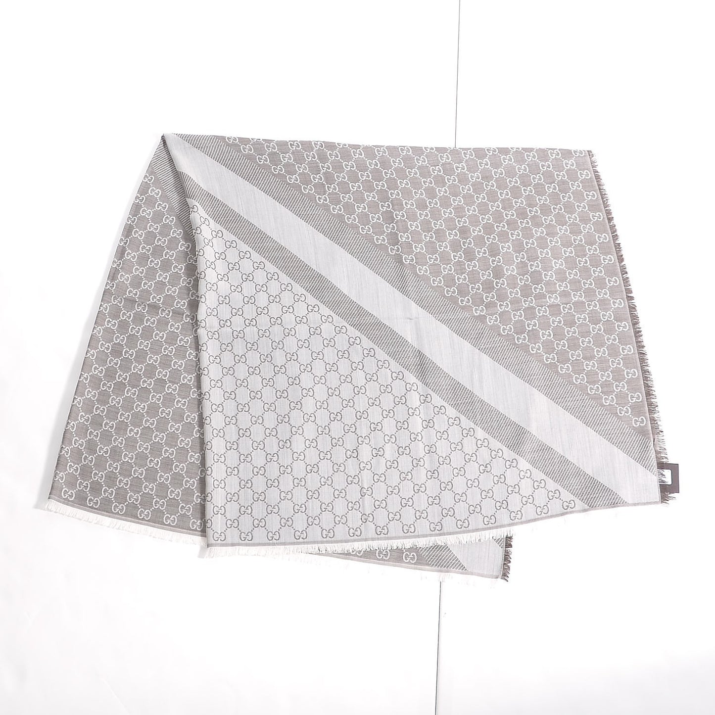 Wool Silk Monogram GGWeb Fringe Shawl Bitume Ivory