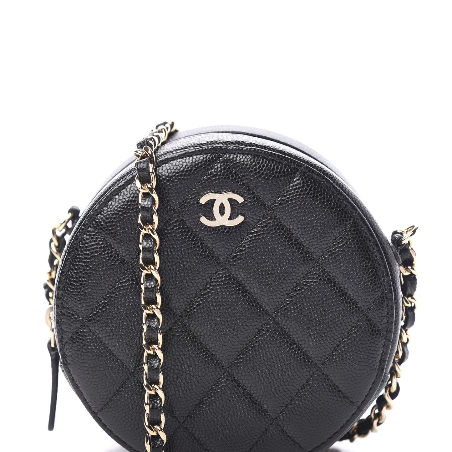 Caviar Quilted Round Clutch With Chain Black
