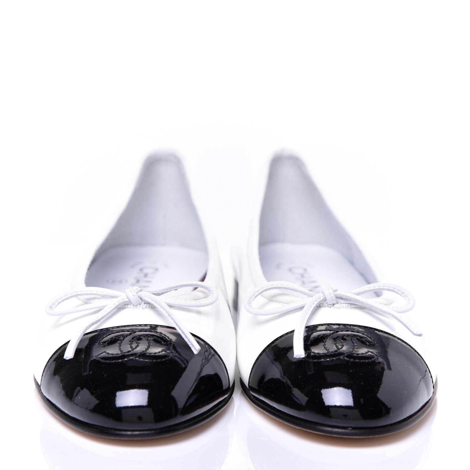 Chanel Calfskin Patent CC Cap Toe Ballerina Flats 38 White Black 2 of 8