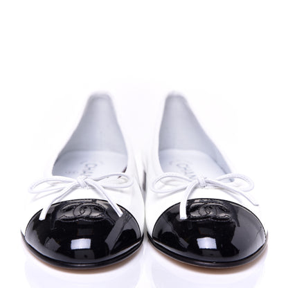 Chanel Calfskin Patent CC Cap Toe Ballerina Flats 38 White Black 2 of 8