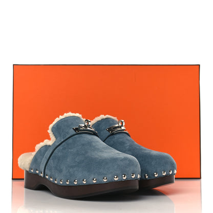 Hermes Suede Goatskin Woolskin Carlotta Mules 37 Bleu Pinede 8 of 8