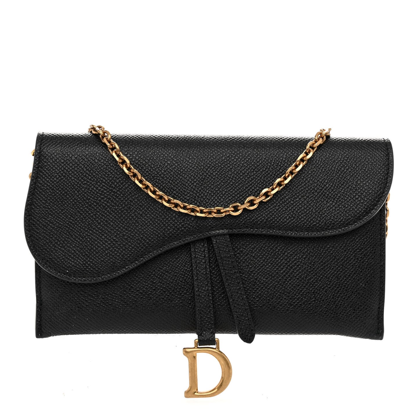 Grained Calfskin Saddle Chain Wallet Pouch Black