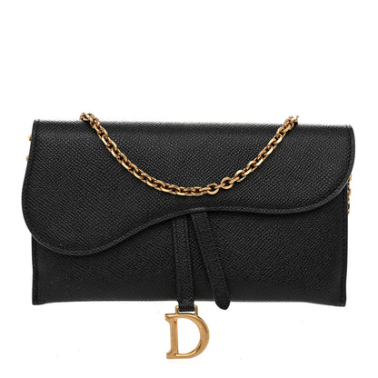 Christian Dior Grained Calfskin Saddle Chain Wallet Pouch Black 3 of 9