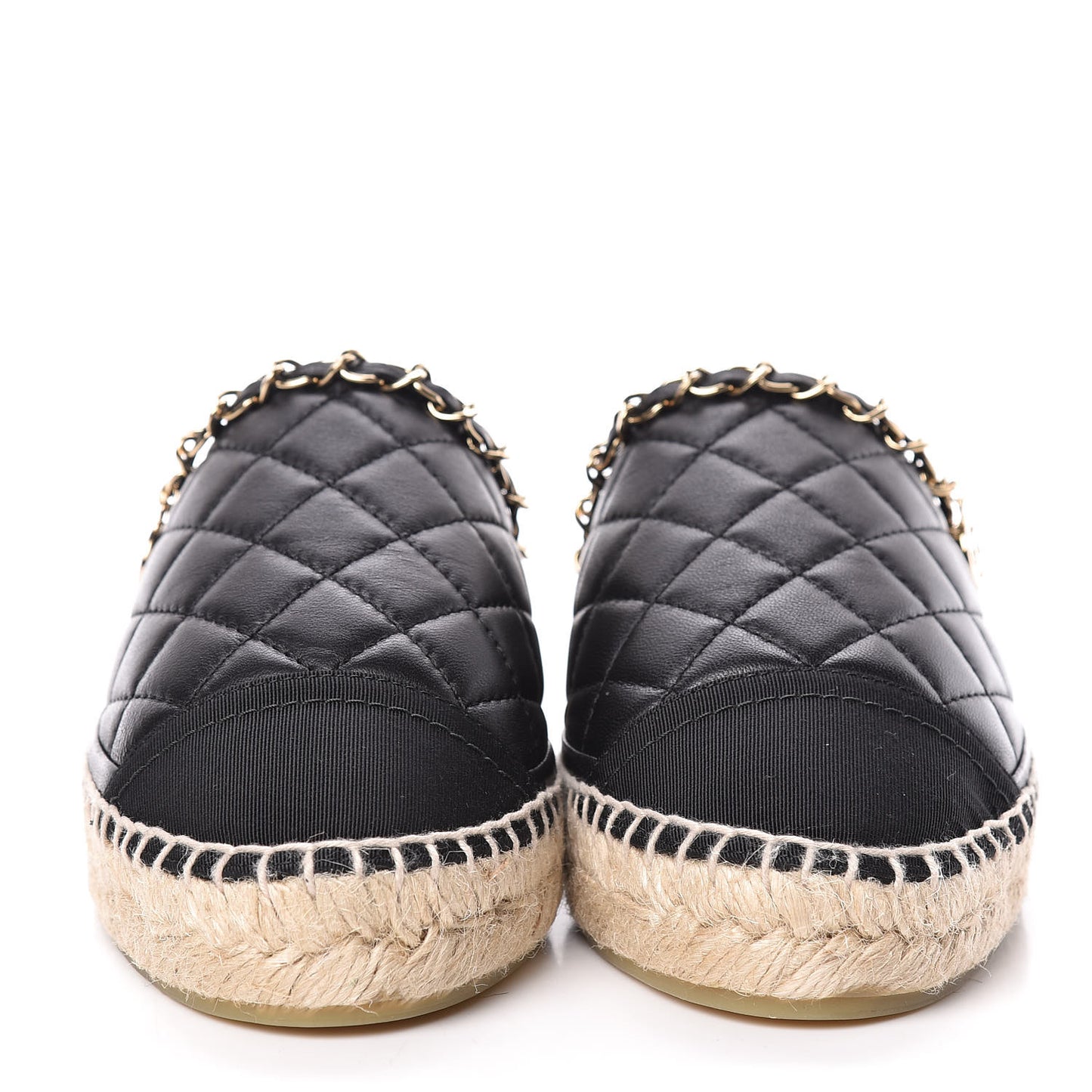 Lambskin Grosgrain Quilted CC Chain Espadrille Mules 36 Black