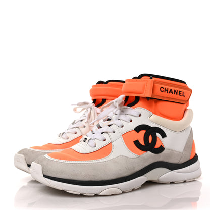 Chanel Suede Calfskin Lambskin Neoprene High Top CC Sneakers 37 White Fluo Orange 3 of 8