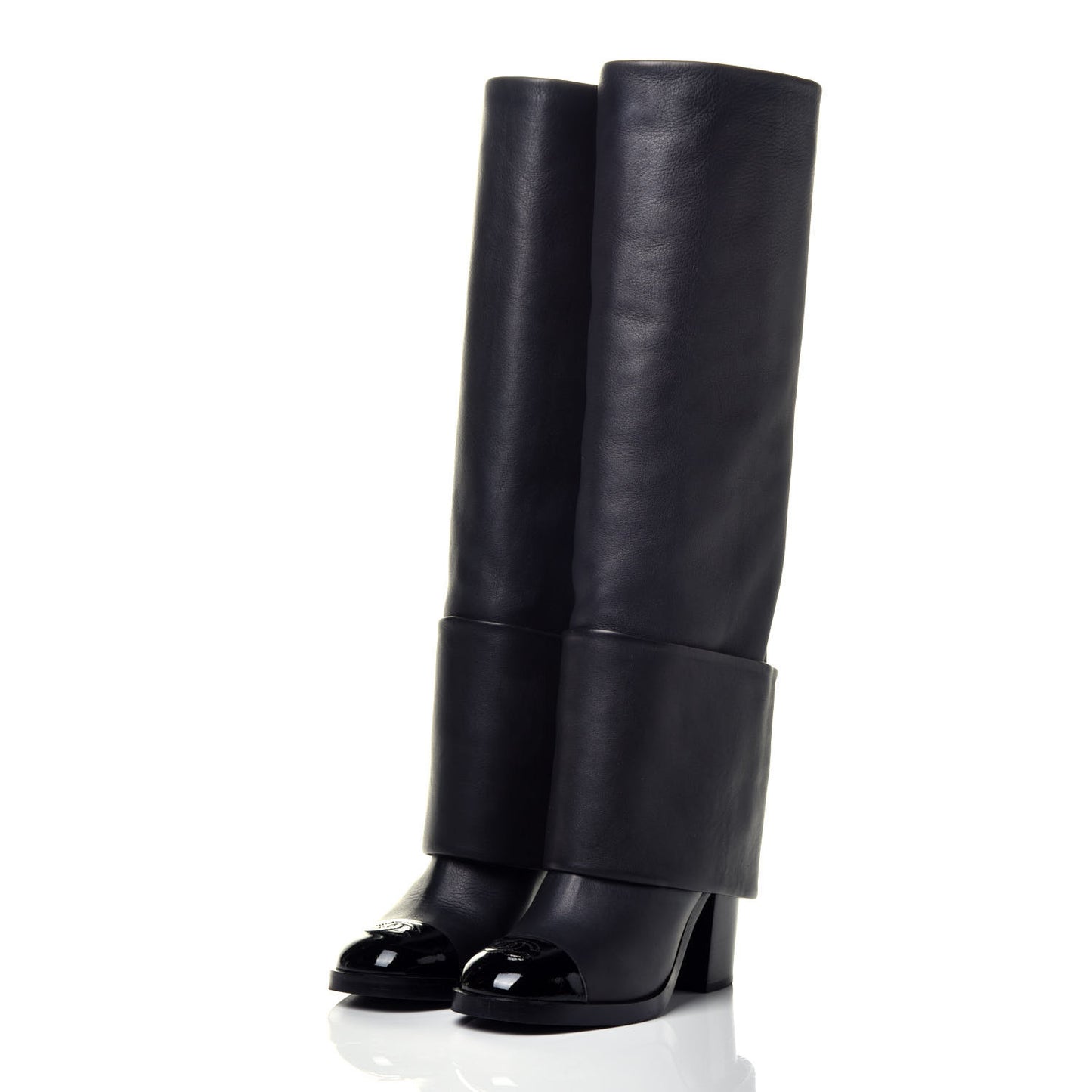 Calfskin Patent Calfskin CC Cap Toe Fold Over High Boots 36.5 Black