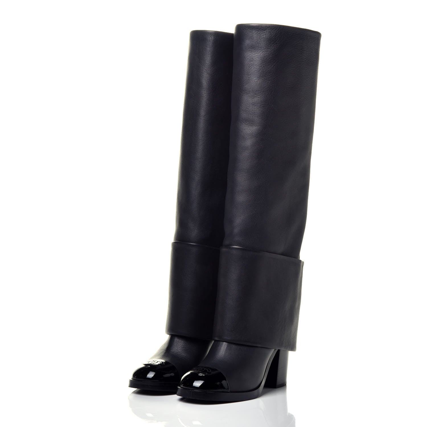 Chanel Calfskin Patent Calfskin CC Cap Toe Fold Over High Boots 36.5 Black 3 of 7