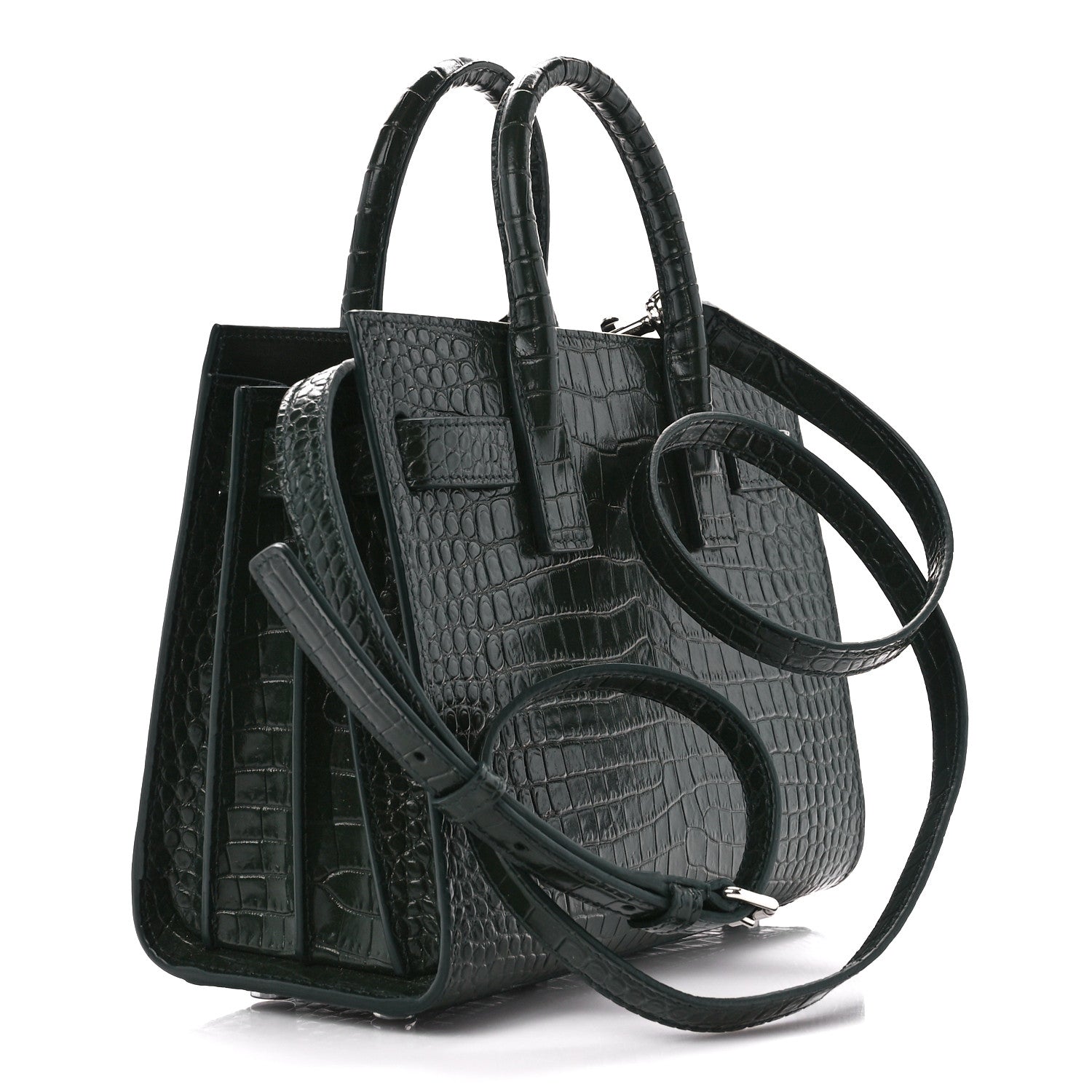 Saint Laurent Calfskin Crocodile Embossed Nano Sac De Jour Dark Green 3 of 12