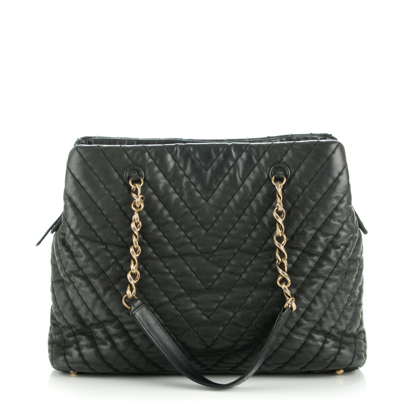 Iridescent Calfskin Surpique Chevron Tote Black
