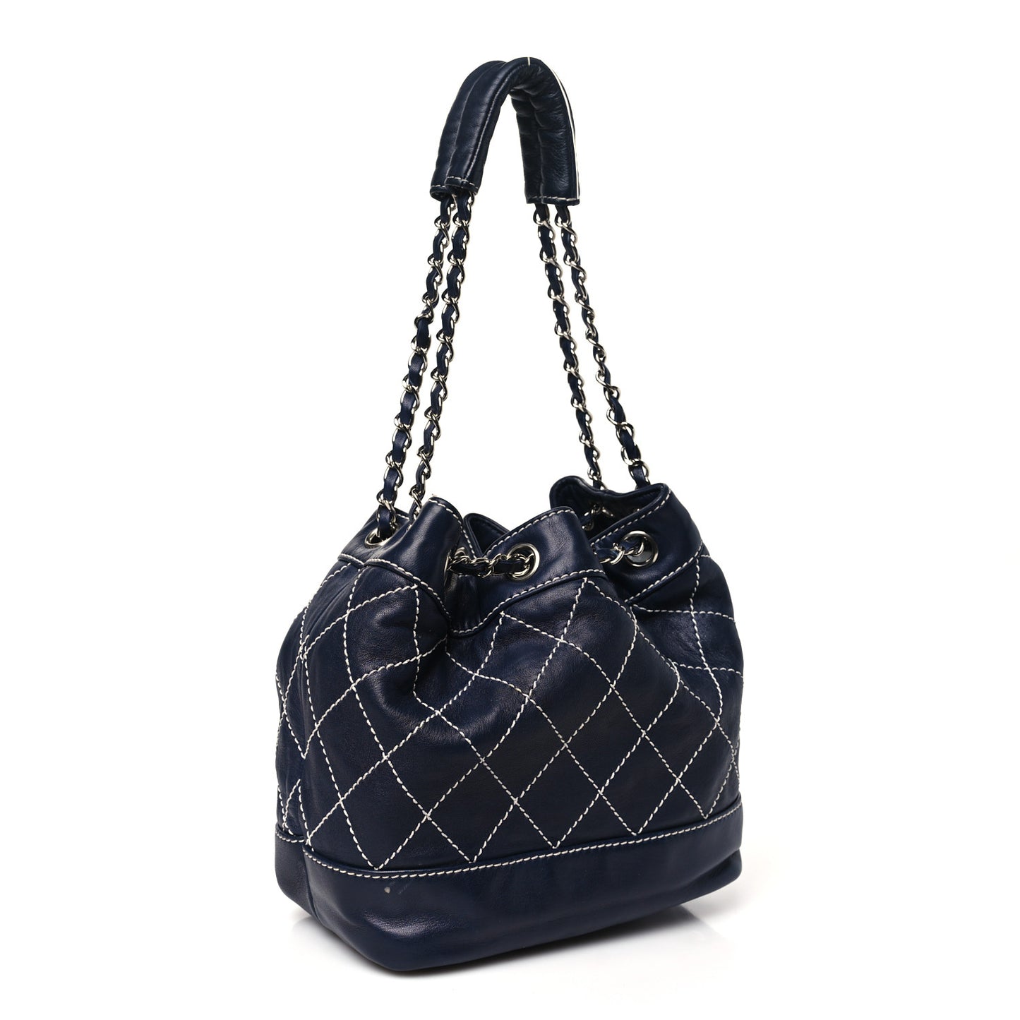Lambskin Contrast Stitch Small Drawstring Tote Navy