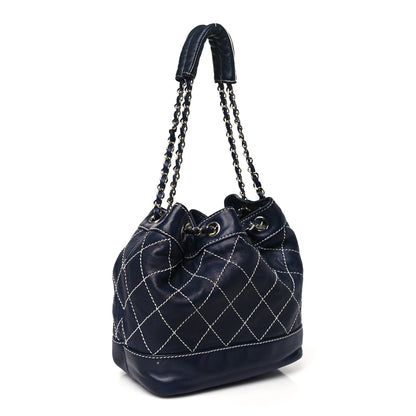 Chanel Lambskin Contrast Stitch Small Drawstring Tote Navy 3 of 13