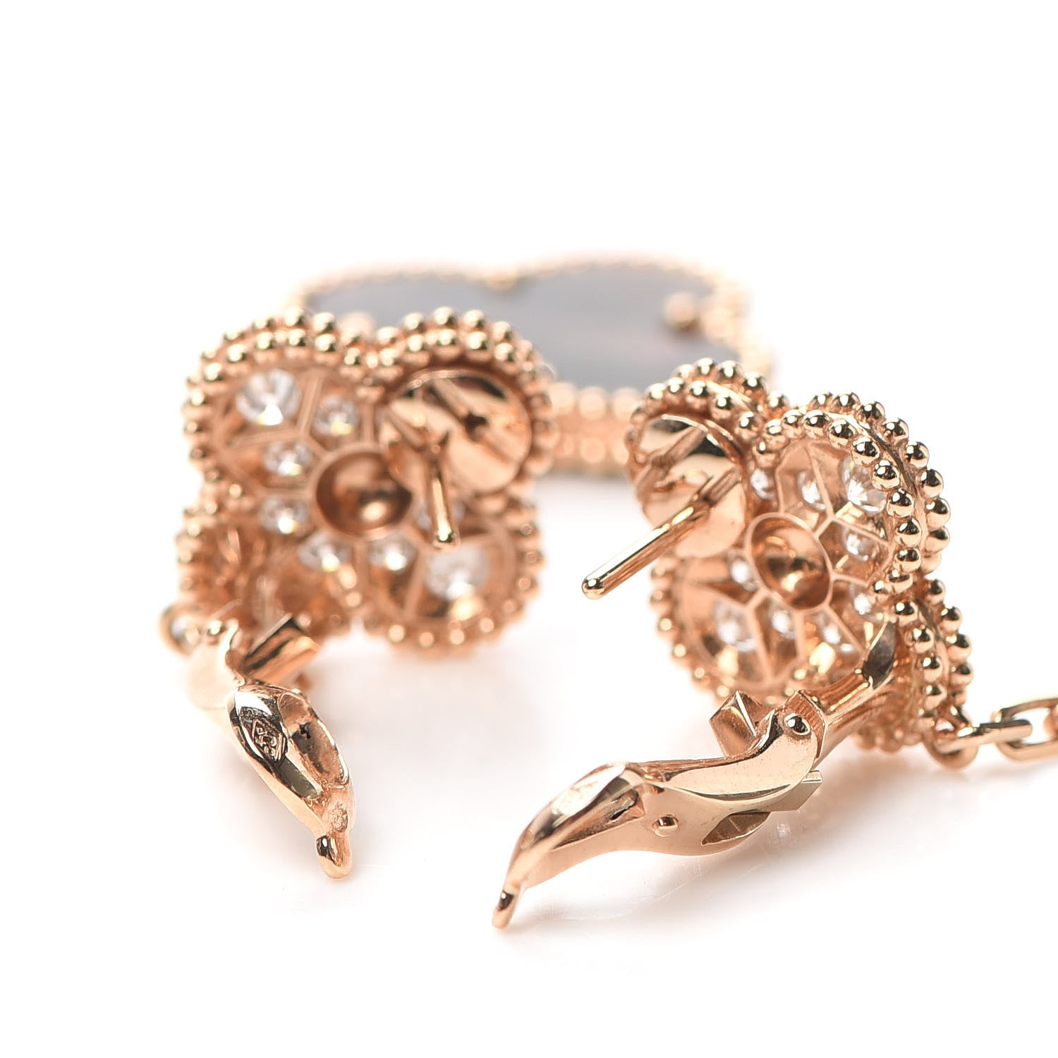 Van Cleef & Arpels 18K Rose Gold Diamond Grey Mother of Pearl Magic Alhambra 2 Motifs Earrings 3 of 6