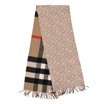 Burberry Cashmere Half Mega Check Monogram TB Reversible Fringe Scarf Alabaster 2 of 4