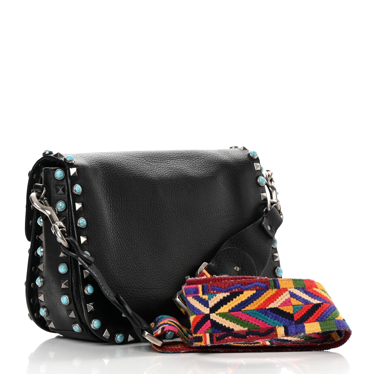 Valentino Garavani Pebbled Calfskin Turquoise Medium Guitar Strap Rockstud Rolling Flap Saddle Bag Black 3 of 17