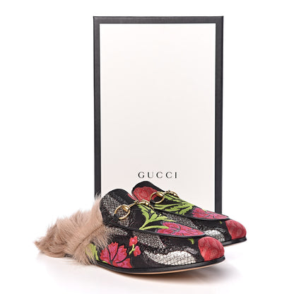 Gucci Brocade Fur Floral Womens Princetown Slippers 37 Black Anthracite 8 of 8