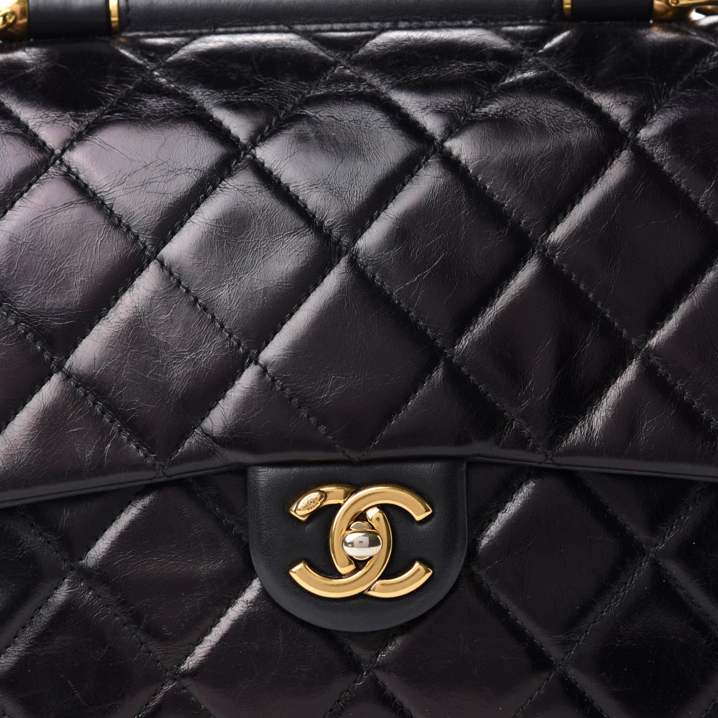 Glazed Calfskin Quilted Medium Gold Bar Top Handle Flap Black