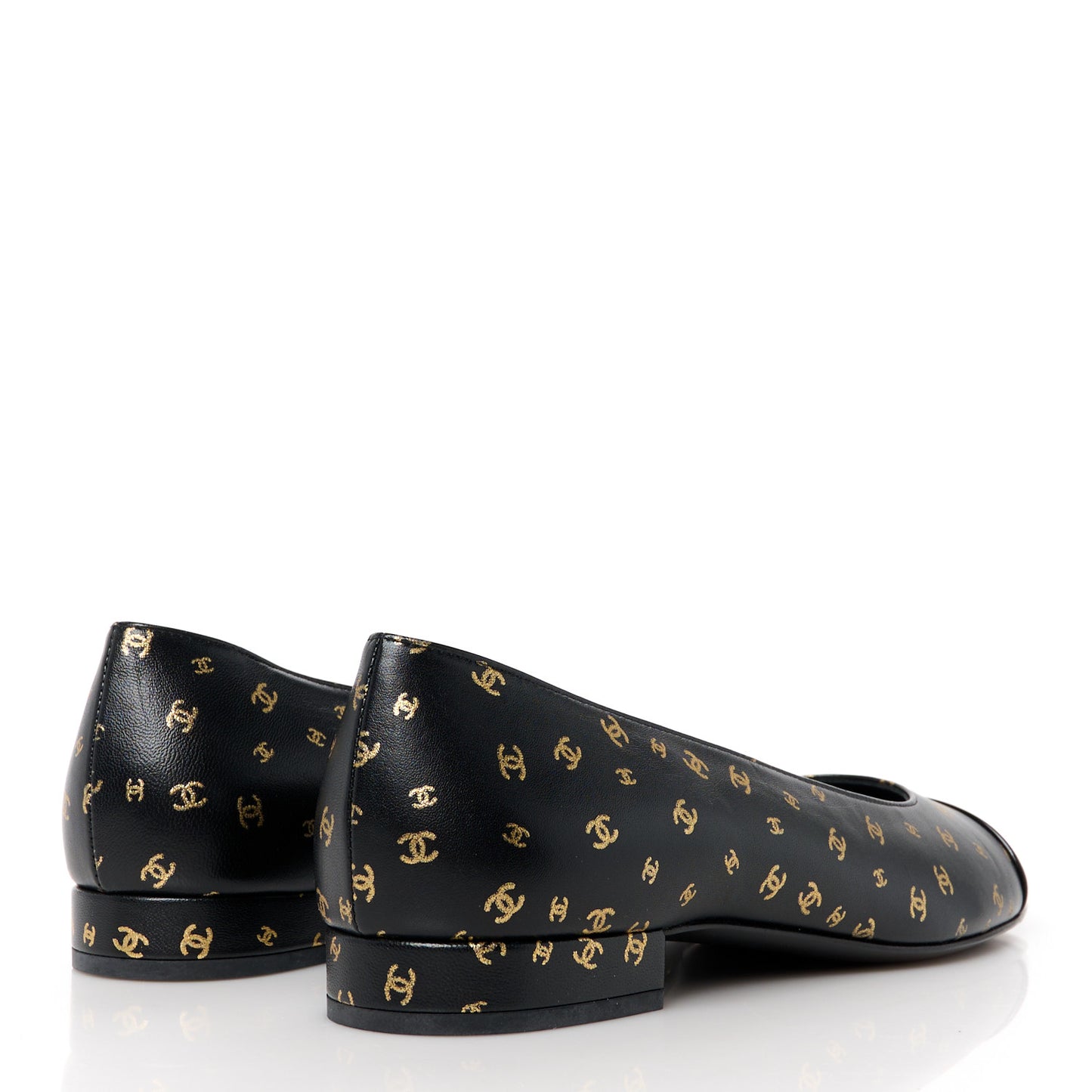 Lambskin Patent Calfskin Printed CC Cap Toe Ballerina Flats 37 Black Gold