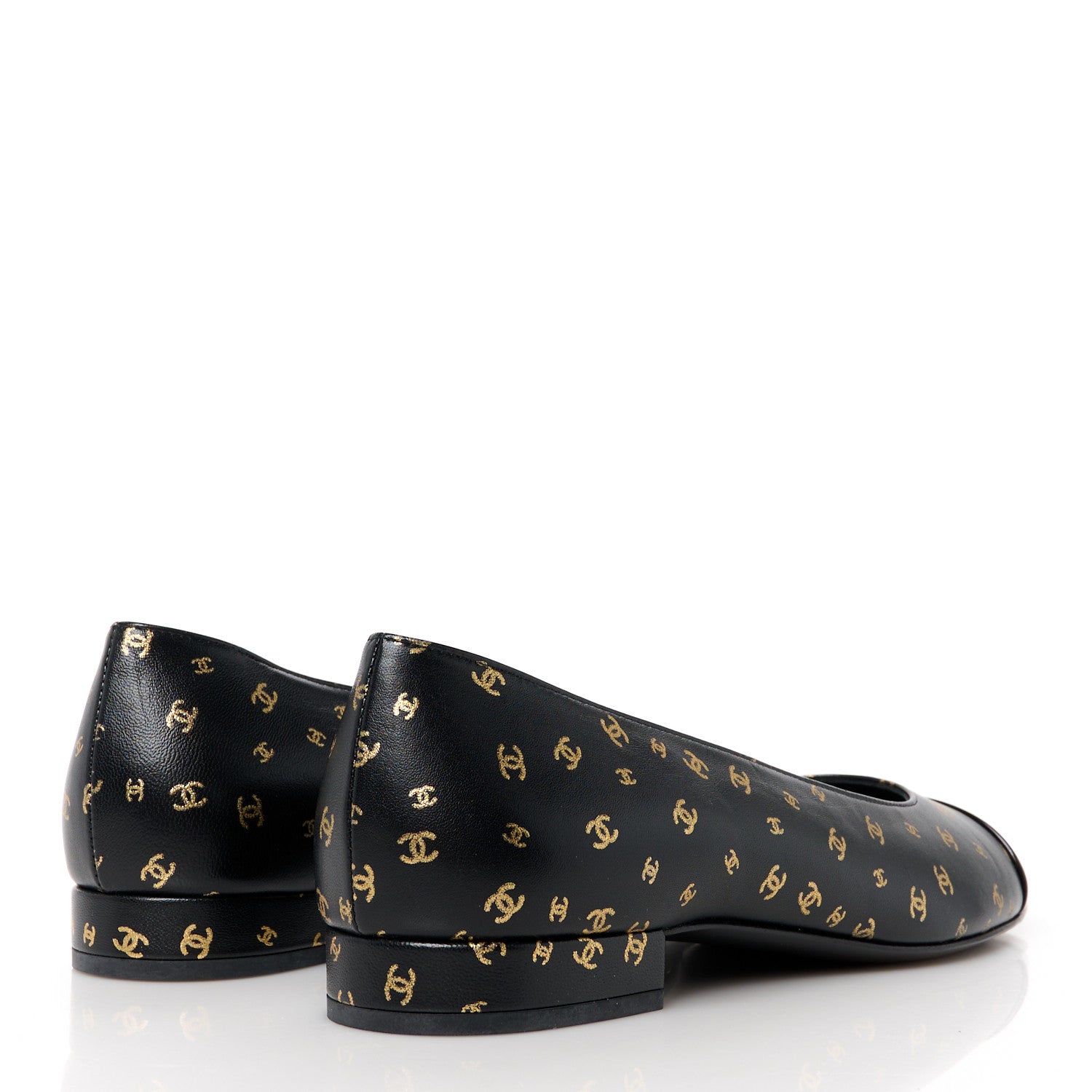 Chanel Lambskin Patent Calfskin Printed CC Cap Toe Ballerina Flats 37 Black Gold 4 of 9