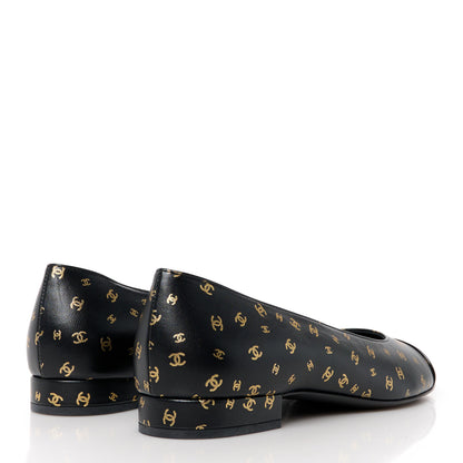 Chanel Lambskin Patent Calfskin Printed CC Cap Toe Ballerina Flats 37 Black Gold 4 of 9
