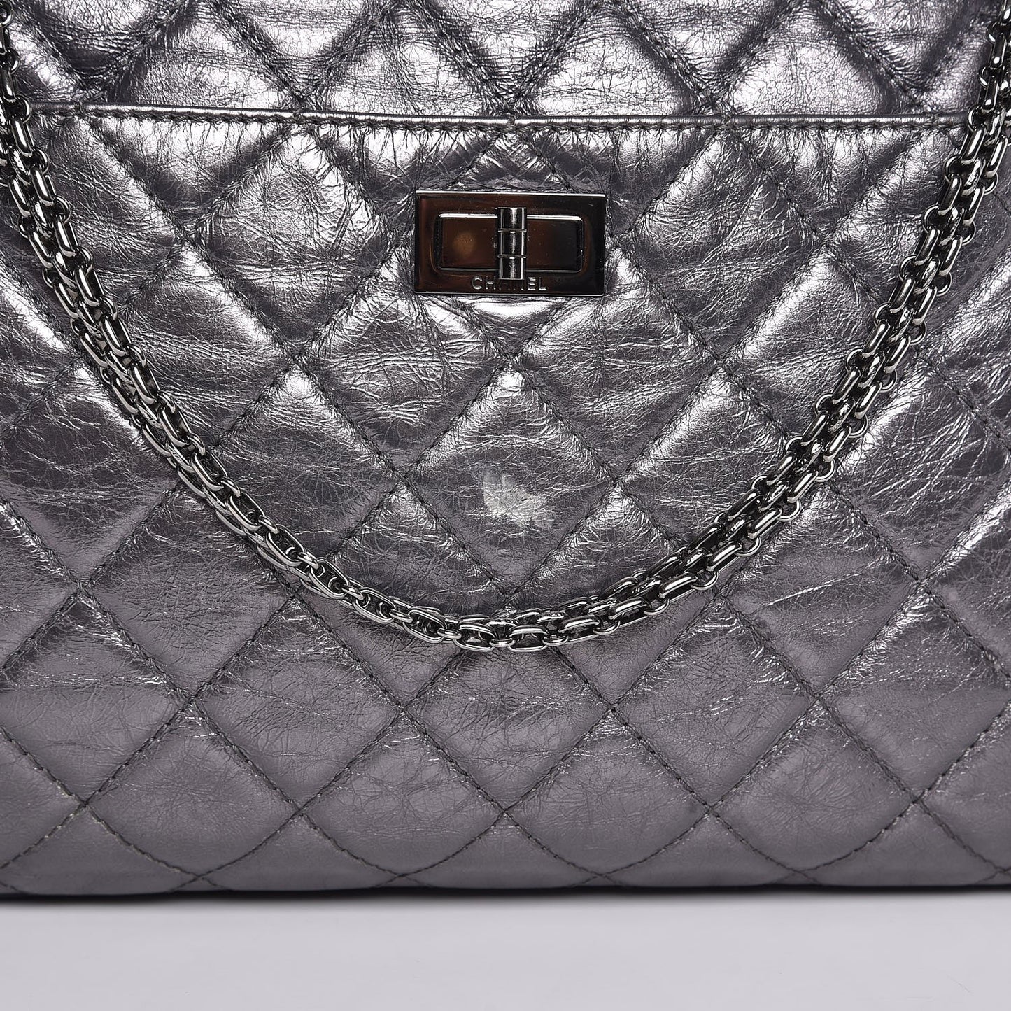 Metallic Aged Calfskin Quilted Large Reissue Camera Case Silver