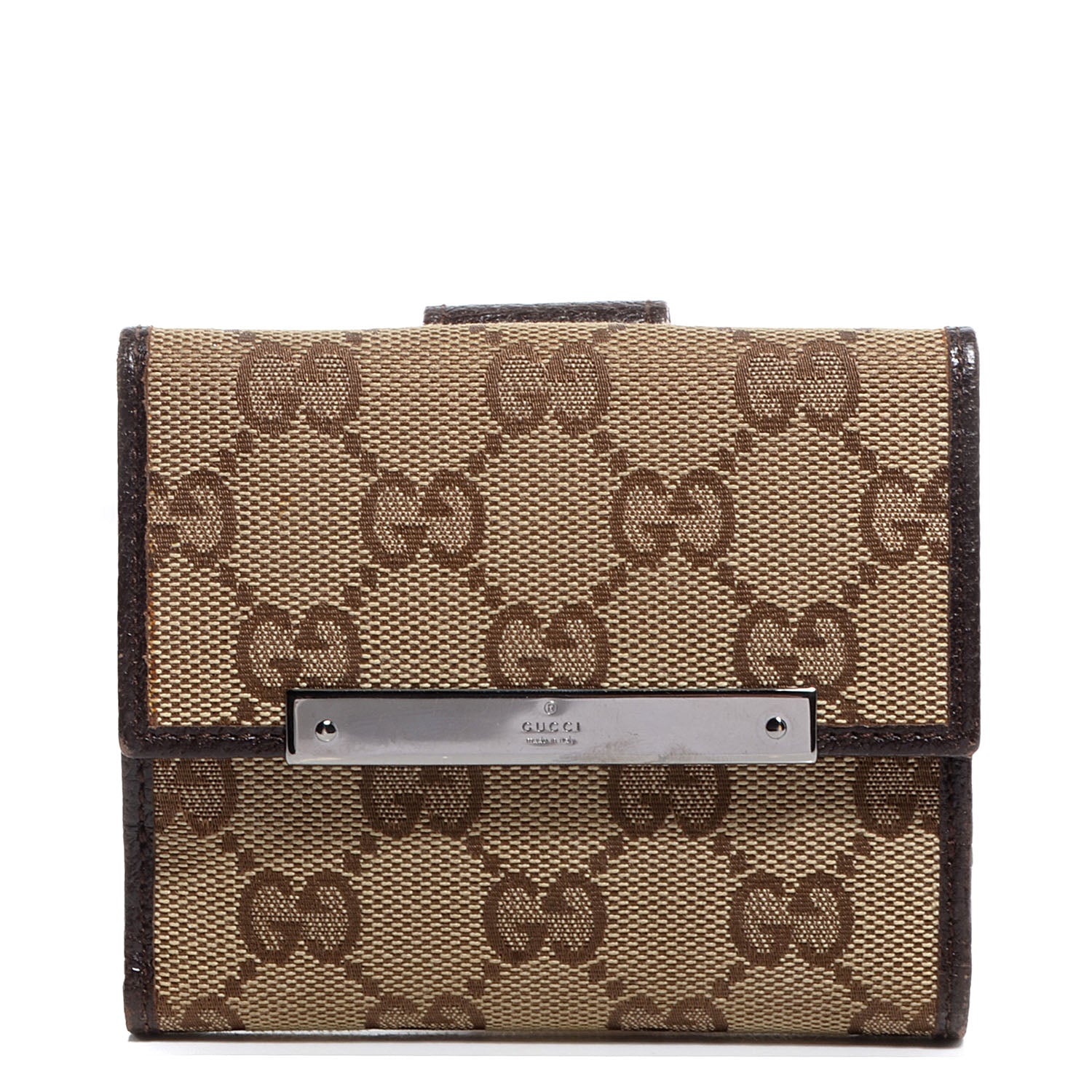 Gucci Monogram Textured Calfskin Metal Bar French Flap Wallet Beige Ebony Cocoa 1 of 7