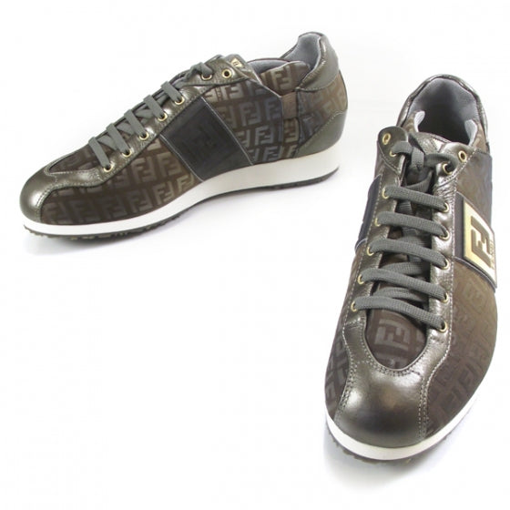 Fendi Metallic Canvas Vitello Zucchino Sneakers 40 Taupe 1 of 9