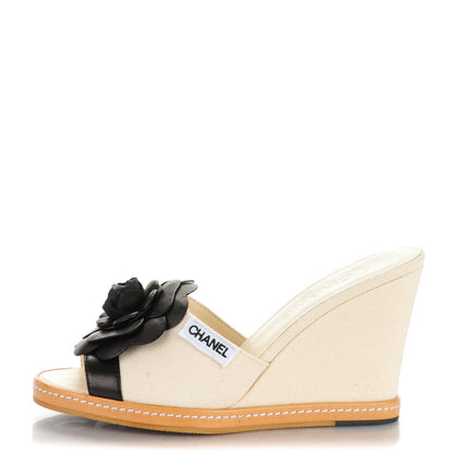 Chanel Canvas Camellia Wedge Sandals 36.5 Off White 1 of 8