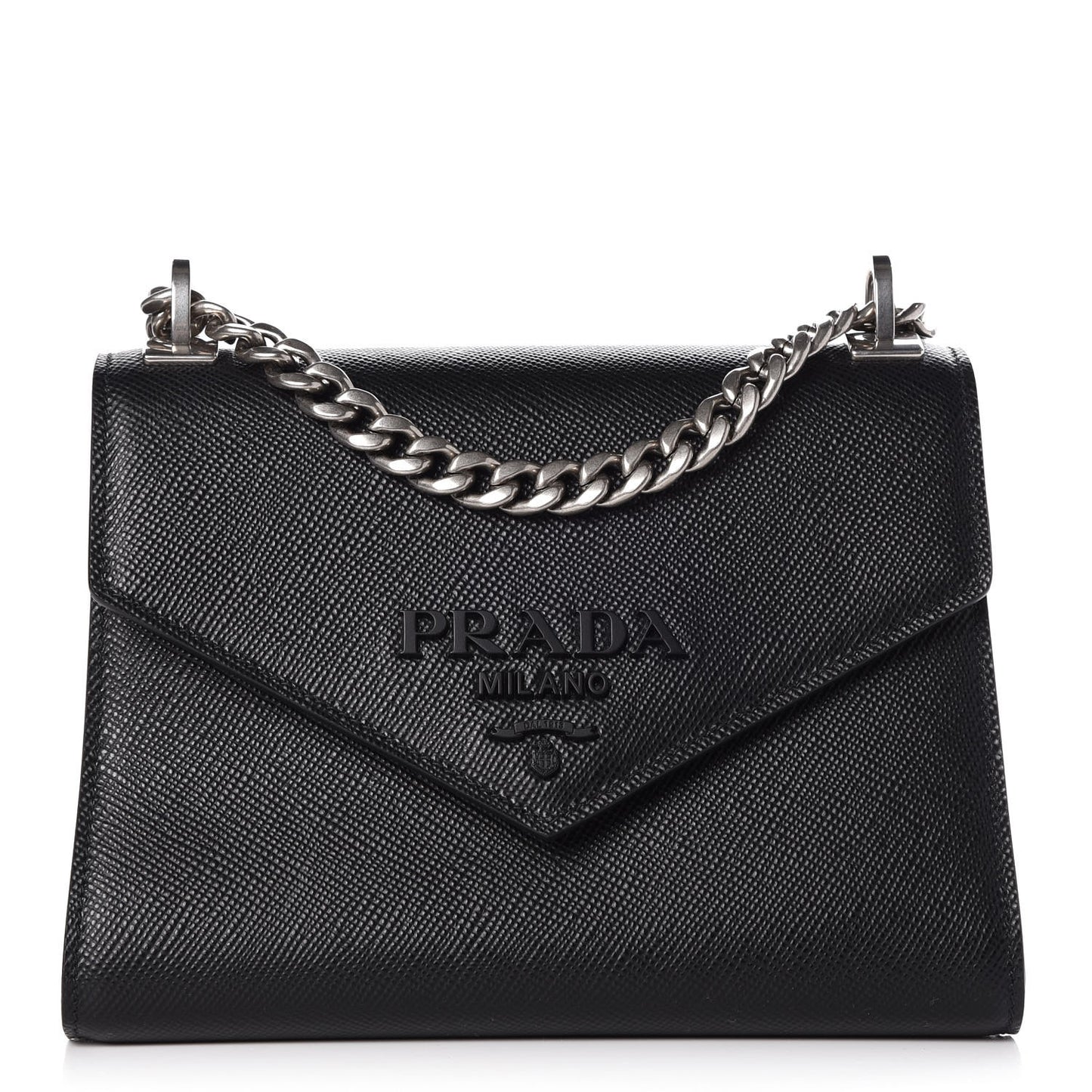 Saffiano Cuir Calfskin Monochrome Envelope Flap Chain Shoulder Bag Black